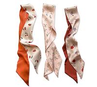 LumiSyne 3 Packs Skinny Silk Scarf For Women Girls Narrow Long Neckerchief Retro Fresh Floral Print Checkerboard Polka Dot Pattern Satin Slim Ribbon Scarf Headdress Hair Scarf Handbag Handle Ribbon