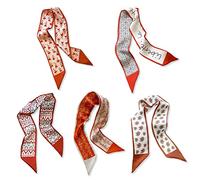 LumiSyne 5 Packs Skinny Silk Scarf For Women Girls Flower Printed Geometric Checked Pattern Fresh Sweet Style Satin Scarves Narrow Long Neckerchief Headdress Handle Wrap Ribbon Scarf