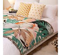 LumiSyne Double-Sided Cotton Woven Throw Blanket With Tassel Jungle Bohemian Style Tapestry Shawl Multi-Function Decorative Throws For Sofa Bed Armchair Camping Blanket Tablecloth Carpet 160x130cm