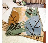 LumiSyne Double-Sided Cotton Woven Throw Blanket With Tassel Jungle Bohemian Style Tapestry Shawl Multi-Function Decorative Throws For Sofa Bed Armchair Camping Blanket Tablecloth Carpet 160x130cm
