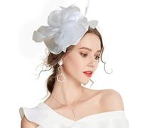 LumiSyne Fascinators Hat for Women Girls Flower Tulle Ribbon Feathers On a Headband and a Hair Clip Vintage Elegant Headwear Fancy Headdress Headpieces for Cocktail Tea Party Wedding Prom Races White