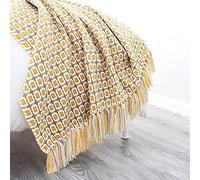 LumiSyne Knitted Throw Blanket Tassels Houndstooth Bohemian Check Soft Cozy Woven Blanket Sofa Throws Warm Armchair Cover Decorative Blanket For Couch Bed Settee 170x130cm
