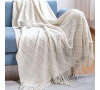LumiSyne Knitted Throw Blanket With Tassel Solid Color Geometric Plaid Pattern Cozy Couch Cover Soft Bedspread Decorative Blanket For Sofa Bed Settee 170x130cm