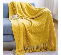 LumiSyne Knitted Throw Blanket With Tassel Solid Color Geometric Plaid Pattern Cozy Couch Cover Soft Bedspread Decorative Blanket For Sofa Bed Settee Yellow 230x130cm