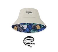 LumiSyne Unisex Reversible Bucket Hat Solid Color with Letter Embroidery/Hawaiian Style Print Double-Sided Cotton Fisherman Hat with Detachable Chin Strap Foldable Sun Hat for Summer Beach Travel