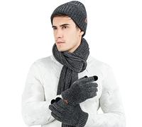 LumiSyne Winter 3 In 1 Scarf Hat Glove Set For Men Women Knitted Beanie Hat Exquisite Jacquard Solid Color Scarf Touch Screen Gloves Advanced Soft Chenille Fabric