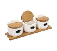 Lumivew Salt and Pepper Pots | 3-Piece Ceramic Spice Jar Set with Bamboo Lids and Sugar Spoons 250ml Condiment Containers with Spoons & Labels Flip-Top Lids for Kitchen Countertop Storage