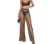 LUMoony Women's Pantalon en Résille Avec Strass - Maille Transparent Creux Parties Inférieures - Cristal Leggings Waist High