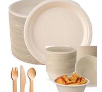 lumous rola 250pcs FSC® Certified Eco Tableware Set - Sugarcane Plates, Bowls & Wooden Cutlery, 50 Each: Large Plates, Bowls, Forks, Knives, Spoons - Biodegradable