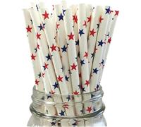 LUMOUS ROLA Paper Straws 50 Pack Paper Drinking Straws Assorted Bio Degradable Drinking Paper Straws Wedding Party, Party Straws, Restaurant, Juice Drinking Straw (50PCS White with Red Blue Stars)