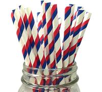 LUMOUS ROLA Paper Straws, Drinking Straws Assorted Bio Degradable Drinking Paper Straws Wedding Party, Party Straws, Restaurant, Juice Drinking Straws (50X White with Red Blue Stripes)