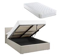Luna 4Ft Small Double Cream Beige Ottoman Storage Bed Gas Lift & 17Cm Thick Spring Mattress - L:203Cm X W:138Cm X H:88.5Cm