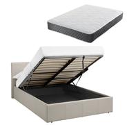 Luna 4Ft Small Double Cream Beige Ottoman Storage Bed Gas Lift Up & Memory Foam & Spring Mattress - L:203Cm X W: 138Cm X H: 88.5Cm