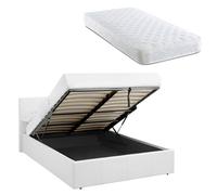 Luna 4Ft Small Double White Ottoman Storage Bed Gas Lift & 17Cm Thick Spring Mattress - L:203Cm X W:138Cm X H:88.5Cm