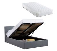 Luna 4Ft6 Double Grey Ottoman Storage Bed Gas Lift & 17Cm Thick Spring Mattress, Faux Leather Fabric- L:203Cm X W:153Cm X H:88.5Cm