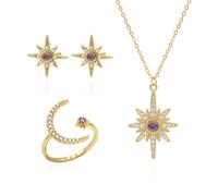 Luna Charles Star Birthstone Ring Gift Set - Earrings Necklace & Ring - 18K Gold Plated - February