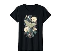 Luna Moth Moonflower Celestial Botanical Art Value Graphic T-Shirt, Women, Black, S