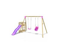 Rebo® Wooden Swing Set Plus Deck and Slide - Luna Pink | OutdoorToys | Kids' Outdoor Wooden Play Equipment for Gardens, Frame and Accessories Included, Weather Resistant
