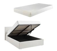 LUNA Teddy Boucle 5Ft King White Ottoman Storage Bed Gas Lift Up - (L) 220Cm X (W) 170Cm (H) 113Cm With 15Cm Memory Foam Mattress