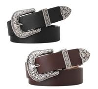 Lunaanda 2 Pieces Women Leather Belts,Western Belt For Women Men,Vintage Western Black Coffee Waist Belt,Cowboys Cowgirls Carving Buckles Belts For Jeans Pants