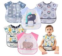 Lunaanda 5 Pack Waterproof Toddler Bibs,Baby Bibs For Eating,Baby Feeding Bib,Short Sleeve,For 1-2 Years,Adjustable Babies Teething Bib,Soft Fabric, Gift For Toddler,Boys,Girls