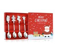 Lunaanda Christmas Spoon Set, 4 PCS Stainless Steel Christmas Coffee Tea Dessert Drink Mixing Spoon for Christmas Stocking Fillers Party and Kitchen Tableware, Christmas Coffee Spoon Gift Box (Silver)