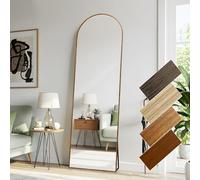 LunaMirror 44x146 CM Arched Full Length Mirrors Aluminium Frame in Yellowish Wood Look Free Standing Tempered Glass Floor Mirror Full Body Wall Mountable for Bedroom, Living Room, Hallway