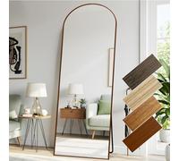 LunaMirror 76x180 CM Large Arched Full Length Mirrors Aluminium Frame in Reddish Wood Look Free Standing Tempered Glass Floor Mirror Full Body Wall Mountable for Bedroom, Living Room, Hallway