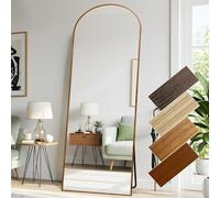 LunaMirror 76x180 CM Large Arched Full Length Mirrors Aluminium Frame in Yellowish Wood Look Free Standing Tempered Glass Floor Mirror Full Body Wall Mountable for Bedroom, Living Room, Hallway