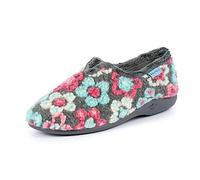 Lunar Ladies' Hippy Grey Flower Full Slippers - Floral Print, Cushioned Insole, Cozy Warm Lining, Slip-On Design, Indoor Rubber Sole, Machine Washable 6 UK Grey