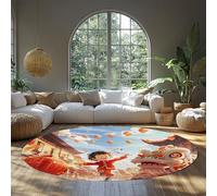 Lunar New Year Lion Dance Round Nursery Rug Short Pile Stain Resistant Washable Japanese Circle Kids Rugs Playroom Nursery Living Room Festive Lanterns Decor Indoor 100cm