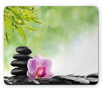 Lunarable Asian Mouse Pad, Basalt Stone and Orchid Flower with Dew Harmony Therapeutic Spa Theme Photo, Rectangle Non-Slip Rubber Mousepad, Standard Size, Black Green