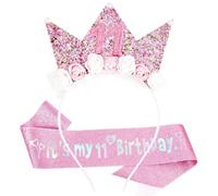 LunarCharm 11th Birthday Decorations for Girls, Headband and Glitter Sash for 11 Year Old Girls Birthday Decorations, Flower Princess Crown Headband