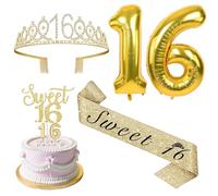 LunarCharm 16th birthday girl decoration set, 16th birthday crown and sash, birthday cake decoration and candles, 16th birthday gift girl, birthday party decoration