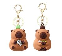 LunarCharm 2 Piece Capybara Keychain, Capybara Animal Figure, Fun Keyring for Backpack, Cute Capybara Keychain, Bag Charm, Wooden Fish