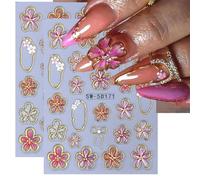 LunarCharm 2 Piece Flower Nail Art Stickers, 5D Embossed Flower Nail Stickers, Pink, Five-petaled, Golden Flower Circle Nail Art Design, Fly Flowers