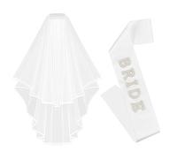 LunarCharm 2-piece Set Bridal Sash for the Bride-to-Be, White Wedding Veil, Pearled Satin Sash, Double-sided Cascade Veil with Comb