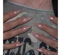 LunarCharm 24 Piece Almond Press-on Nails with Modern Polka Dot & Chrome Design - Nude Pink Glaze with Iridescent Aurora Sheen, Glossy & Suitable for Everyday