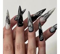 LunarCharm 24 Piece Press On Nails Long Glossy Black Artificial Shiny Almond Acrylic Gothic Black Nails with Pearl Design Party Decoration