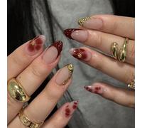 LunarCharm 24 Piece Red French Tip Press-On Nails, Short Almond-Shaped Artificial Nails with 3D Gold Stripe Pearl Design, Floral Art Nails, Acrylic Nail Tips for Gluing