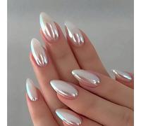 LunarCharm 24-piece white aurora nails in medium almond shape to press on, medium-sized artificial nails, almond-shaped, glossy white, full coverage