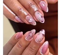 LunarCharm 24 Pieces French Pink Cat Eye Nails Almond Nails Artificial Nails Heart Nail Art, Acrylic Nail Tips to Stick On