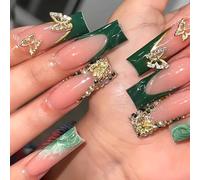 LunarCharm 24 pieces green artificial nails with French tip shape, long square push-on nails, artificial nails with golden 3D butterfly design, glue-on nails