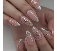 LunarCharm 24 Pieces Medium Almond Acrylic Nails - Shiny Design with Silver Stars & Moon for an Enchanting Night Sky Look - Self-Adhesive