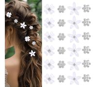 LunarCharm 24 Pieces of White Mini Hair Clips with Flowers, Charming Mini Floral Hair Clips with Rhinestones, Mini Flower Clip, Hair Clips, Wedding Hair Clips for Women and Girls