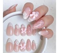LunarCharm 24 Pieces Rouge Pink French Almond Press On Nails, Medium Length Artificial Nails with 3D Bow and Floral Design, Reusable Adhesive Nail Tips for Women