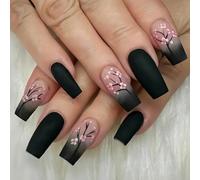 LunarCharm 24 pieces spring push-on nails with pink flower design, medium size, artificial nails, pink/black, square, push-on nails, coffin shape, shiny