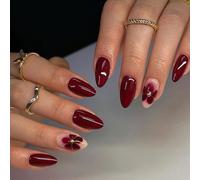 LunarCharm 24 Pieces Wine Red Press On Nails for Sticking, Red Flower Artificial Nails, Durable Fake Nails For DIY Nail Art, For Parties, Weddings And More