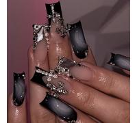 LunarCharm 24 Press-On Nails, long, square, black, ombre art nails with cross pendant design, glossy, full coverage, black artificial nails