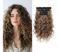 LunarCharm 4-piece Curly Hair Extensions, 40cm Clip-in Hair Extensions, Short Curly Invisible Natural Hairpieces for Women, Chocolate Brown with Highlights